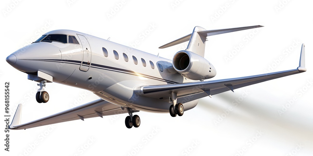 Naklejka premium Private Jet Landing, 3D Render, White Background, Airplane, Aviation, Travel, Transportation