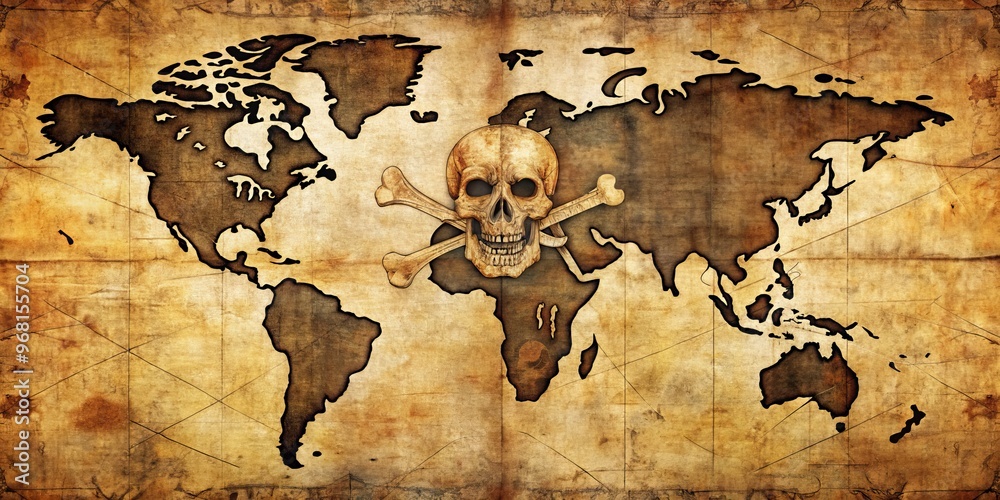 Naklejka premium World Map with Skull and Crossbones, Vintage, Treasure, Pirate, Danger