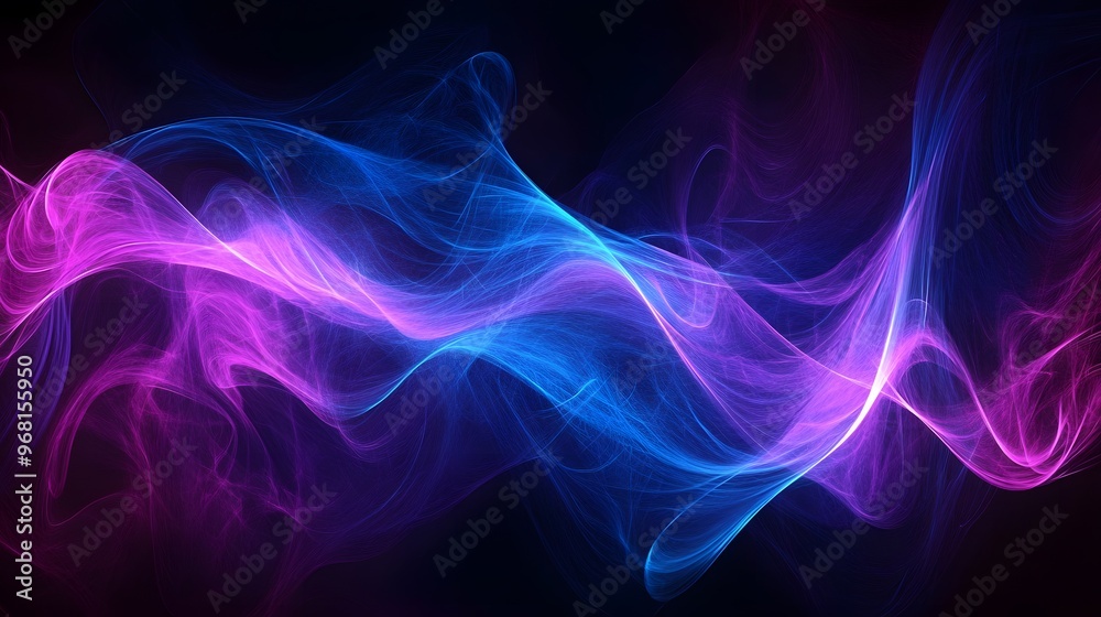 Abstract background with blue and purple glowing waves on a dark black background, an AI technology concept Abstract background with blue and purple glowing waves on a dark black background, an AI technology concept