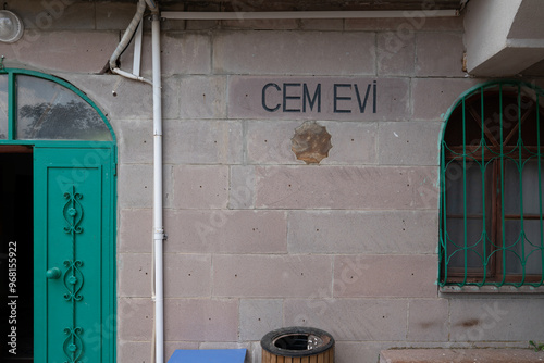 External view of the Cem evi building. A cemevi or cem evi  