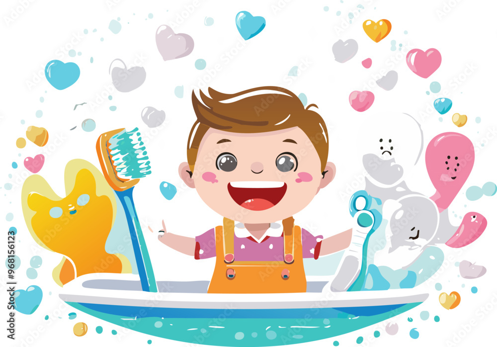 Fototapeta premium Cartoon happy cute kid boy hold toothbrush, before clean teeth. Healthcare, vector illustration