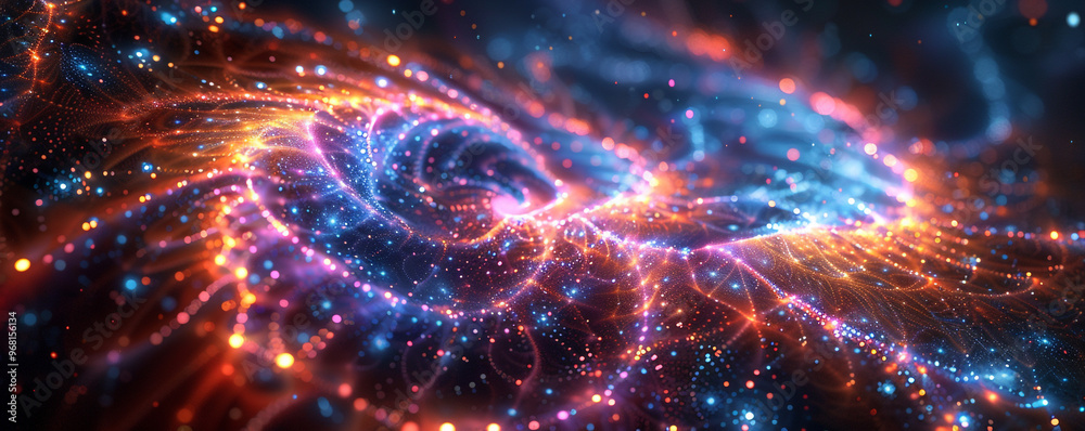 Futuristic neon fractal designs emerging from the depths of space, with radiant hues and a galactic backdrop that showcases intricate patterns and textures.