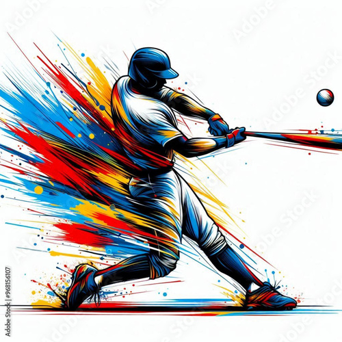 Baseball player hitting a powerful shot with vibrant dynamic colors

