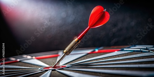 Red Dart Hits Bullseye on Dartboard, close up, spotlight, focus, competition ,darts ,bullseye