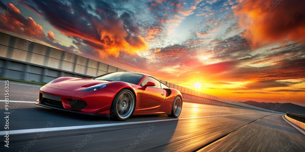 Naklejka premium Red Sports Car Blazing Through Sunset, Speed , Sunset, Sportscar