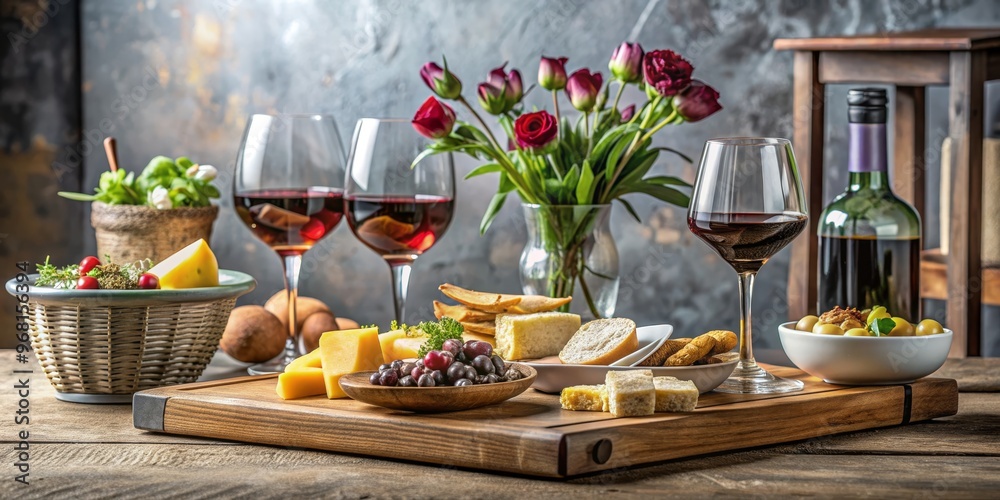 Red Wine and Cheese Pairing on Wooden Board, Still Life, Food Photography, Wine, Cheese, Grapes, Olive