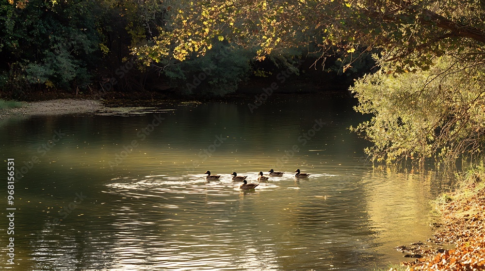 A family of ducks swimming peacefully across a calm pond A family of ducks swimming peacefully across a calm pond