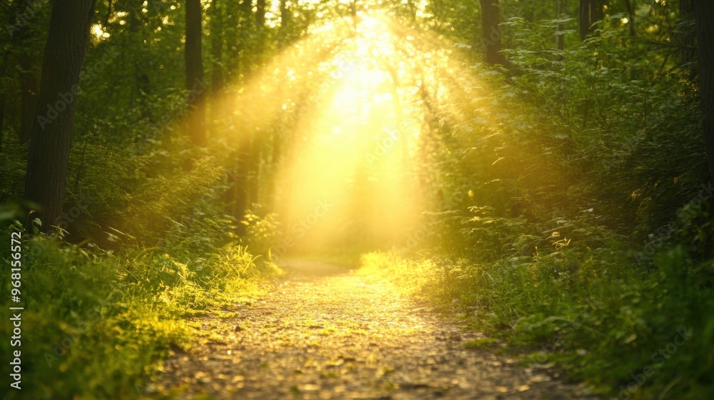 Obraz premium Forest Path with Sunlight Rays and Green Trees
