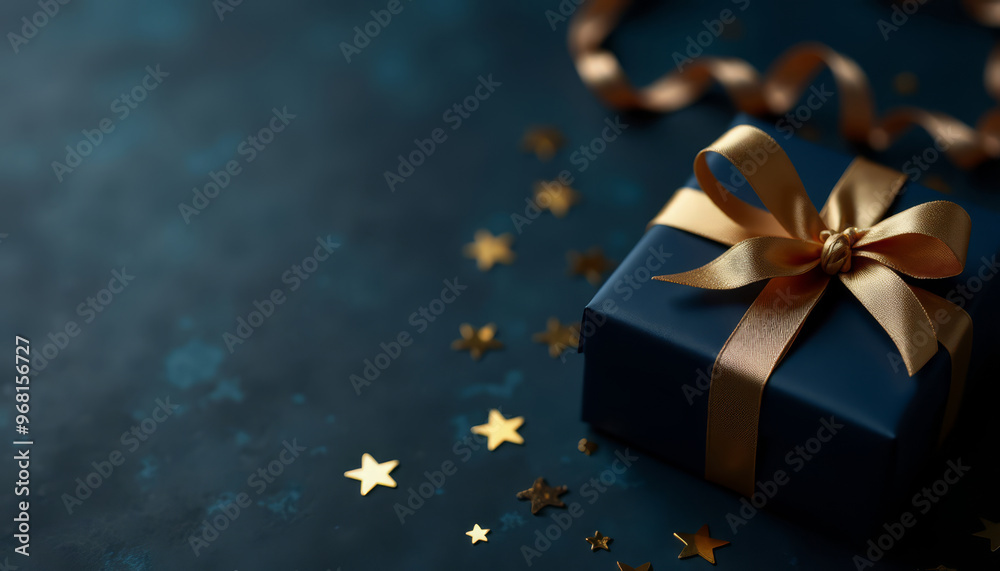 Navy blue Christmas gift box with shiny golden satin ribbon, little gold stars decoration on dark surface with copyspace. Surprise present for special occasions and celebrations. Navy blue Christmas gift box with shiny golden satin ribbon, little gold stars decoration on dark surface with copyspace. Surprise present for special occasions and celebrations.
