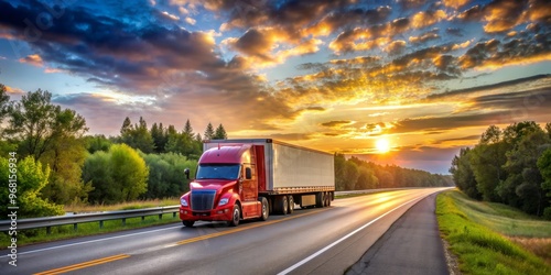 Semi-Truck Driving on a Country Road at Sunset, Red Truck, Golden Sky, Highway , trucking, sunset, landscape