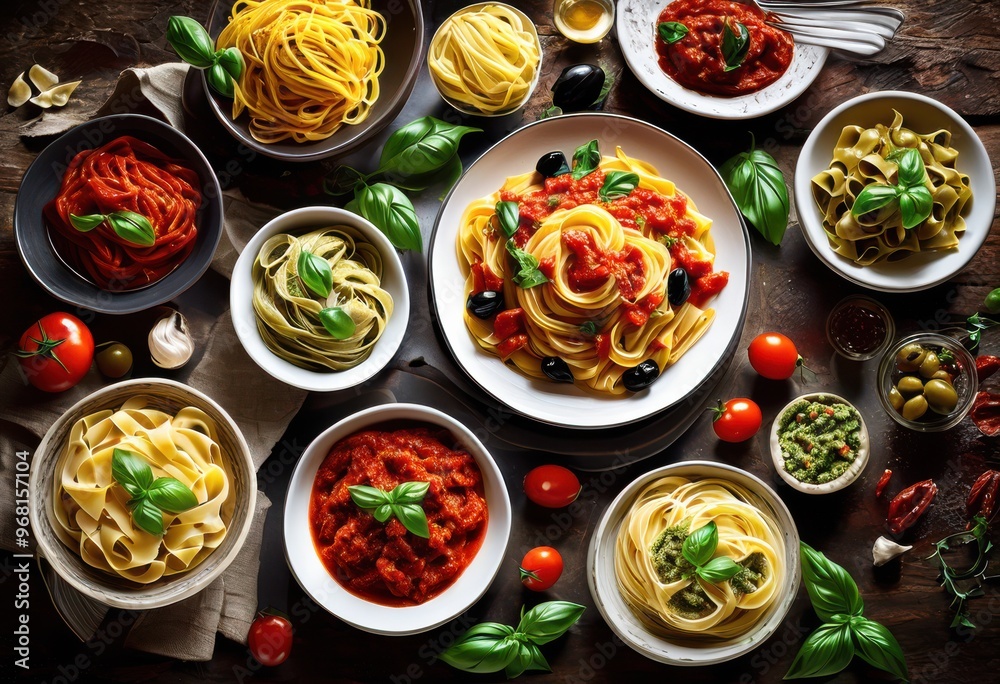 colorful array authentic italian pasta dishes featuring diverse cooking styles delightful culinary experience, cuisine, ingredients, sauce, noodles, meal colorful array authentic italian pasta dishes featuring diverse cooking styles delightful culinary experience, cuisine, ingredients, sauce, noodles, meal