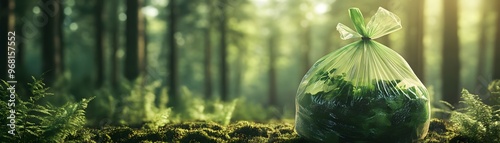 A green trash bag in a serene forest, highlighting environmental care and waste management in nature.