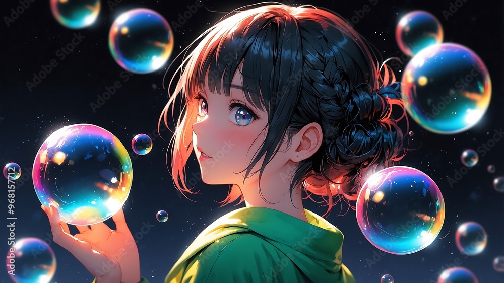 Dreamy Anime Girl Surrounded by Vibrant Rainbow Bubbles in a Magical Scene Dreamy Anime Girl Surrounded by Vibrant Rainbow Bubbles in a Magical Scene
