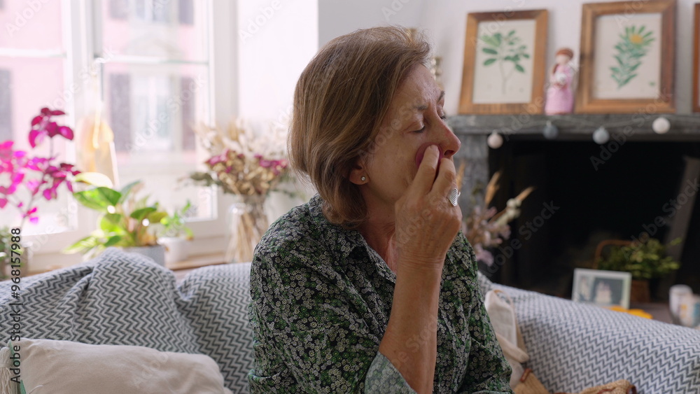 Older woman applying makeup while sitting on a cozy couch in a well-decorated living room, surrounded by plants and framed artwork, creating a warm and personal atmosphere Older woman applying makeup while sitting on a cozy couch in a well-decorated living room, surrounded by plants and framed artwork, creating a warm and personal atmosphere