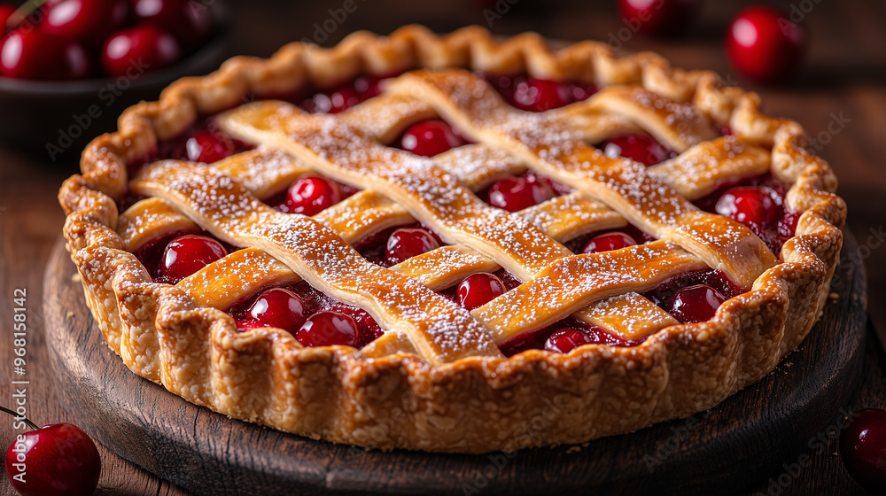 fresh homemade baked cherry pie isolated on wooden table with cherries and autumn leaves 