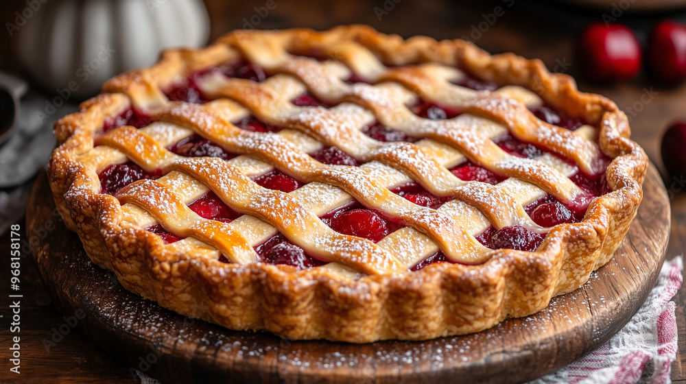 fresh homemade baked cherry pie isolated on wooden table with cherries and autumn leaves fresh homemade baked cherry pie isolated on wooden table with cherries and autumn leaves