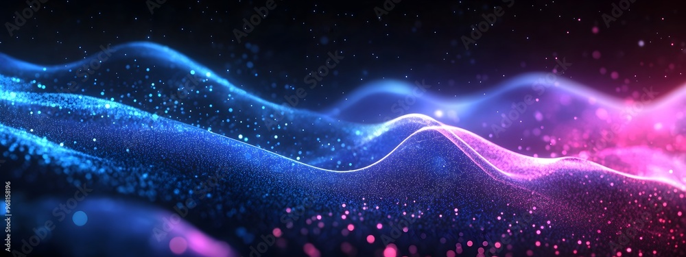 Fototapeta premium Abstract background with blue and purple glowing waves on a dark black background, an AI technology concept