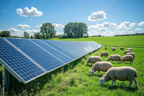 Flock of sheep grazing peacefully in a lush green field, alongside rows of solar panels, demonstrating the concept of agrivoltaics