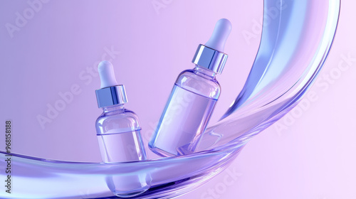 Two purple and blue glass serum bottles floating with light reflections.