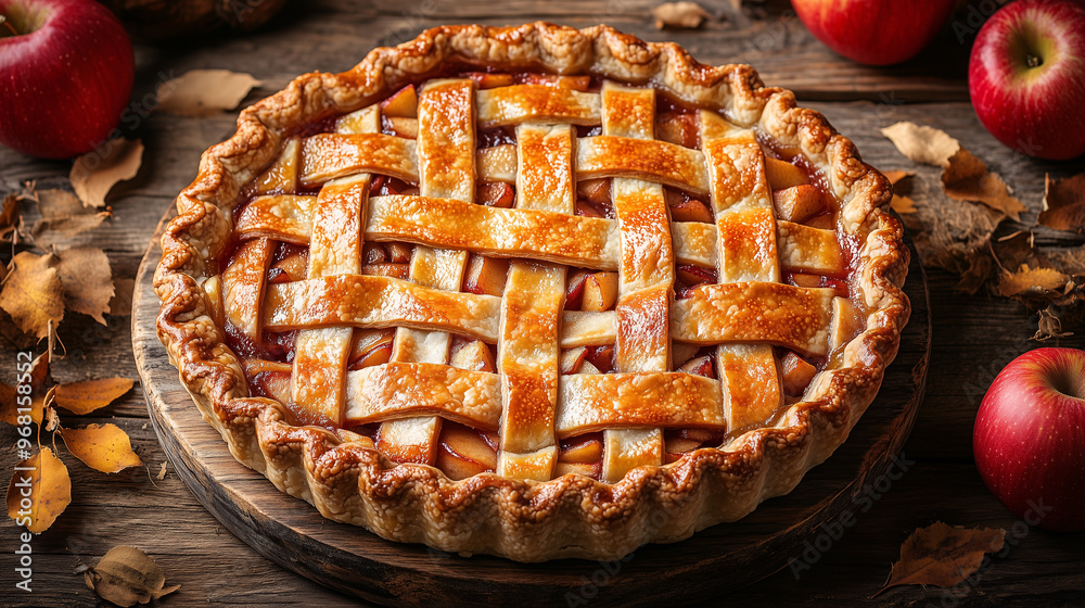 fresh homemade baked apple pie isolated on wooden table with red apples and autumn leaves fresh homemade baked apple pie isolated on wooden table with red apples and autumn leaves
