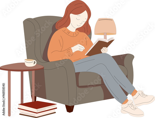 redhead girl reading a book in a green chair