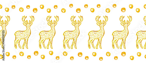 Watercolor Christmas seamless edging bordure with gold deer, new year golden ribbon design