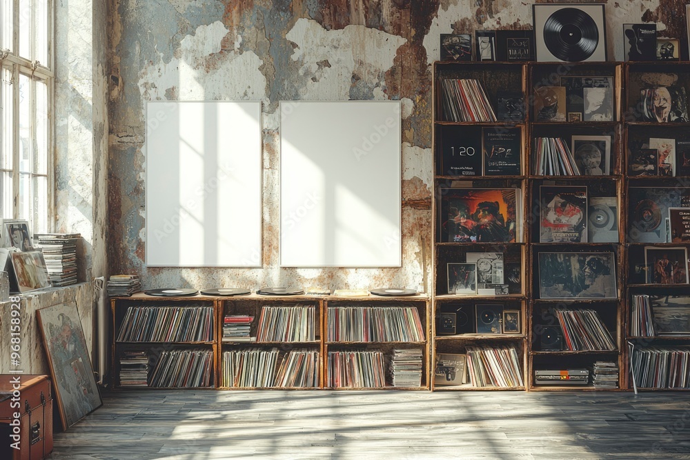 Fototapeta premium Vintage Record Store Interior with Empty Frames