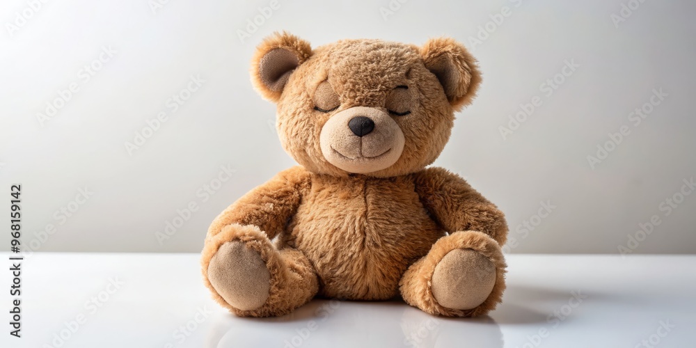 Obraz premium Teddy Bear in a State of Tranquility, Single Brown Plush Bear, Sitting on a White Surface, Minimalist Photography, plush toy, teddy bear, childhood