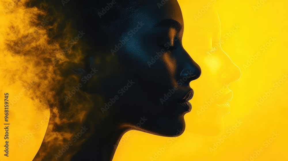 Profile View of Two Faces, One in Shadow and the Other Illuminated, Against a Yellow Background, Contrasting Light and Shadow, Artistic Expression, Unique Composition Profile View of Two Faces, One in Shadow and the Other Illuminated, Against a Yellow Background, Contrasting Light and Shadow, Artistic Expression, Unique Composition
