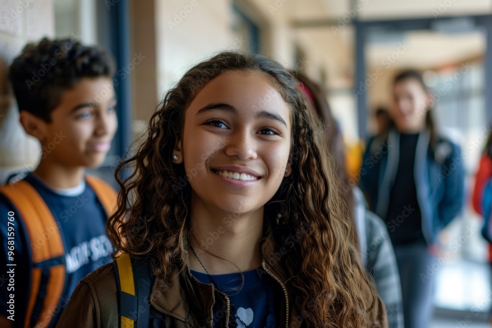 A girl with curly hair looks at the camera. Other people in the image are looking at her A girl with curly hair looks at the camera. Other people in the image are looking at her