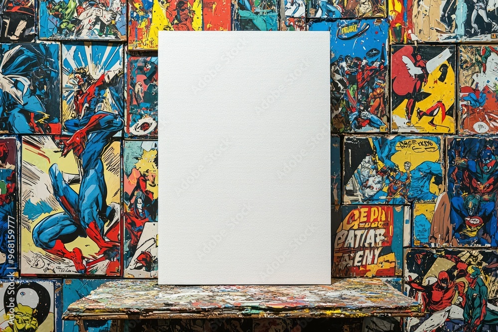 Obraz premium Blank Canvas Against a Wall of Comic Book Panels