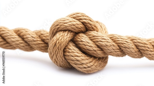 Close-Up Macro Image of a Rope Tied with a Knot Isolated on a White Background, Perfect for Nautical, Survival, and Crafting Themes