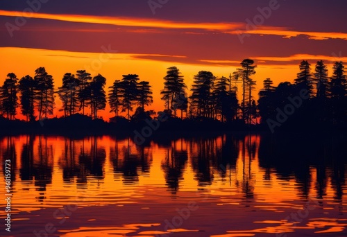 stunning dusk scene featuring vibrant silhouettes glassy reflections water, sky, evening, light, nature, landscape, horizon, beauty, calm, tranquil photo