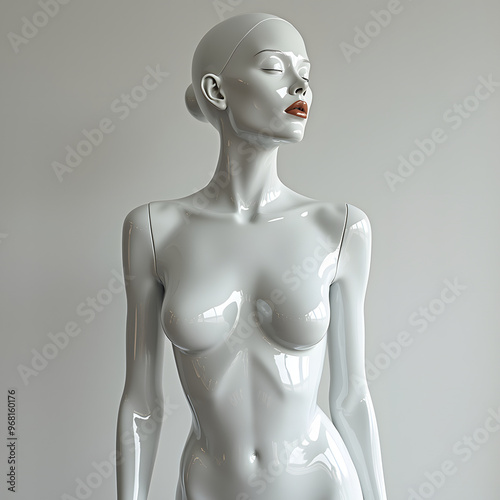 The image shows a white, female mannequin with closed eyes and a neutral expression, standing against a gray background.