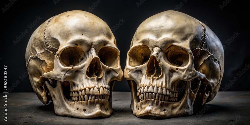 Two Human Skulls Facing Each Other, Close Up, Dramatic Lighting, Still Life, Human Remains, Morbid, Memento Mori Two Human Skulls Facing Each Other, Close Up, Dramatic Lighting, Still Life, Human Remains, Morbid, Memento Mori