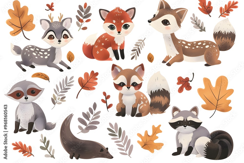 Fototapeta premium Whimsical Woodland Creatures and Autumn Leaves