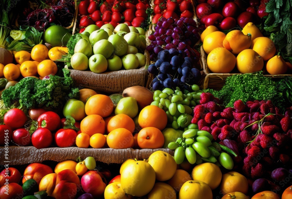 vibrant fresh produce displayed stunning colorful layout featuring variety fruits vegetables, abundance, appealing, arrangement, artisan, background, bright vibrant fresh produce displayed stunning colorful layout featuring variety fruits vegetables, abundance, appealing, arrangement, artisan, background, bright