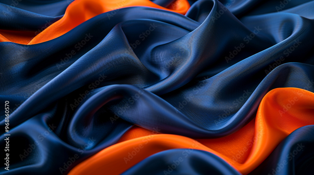 Fototapeta premium HD image of navy blue and bright orange fabric displaying complex folds and creases. The fabrica??s wavy surface is vividly detailed, creating a striking multicolored wallpaper effect.