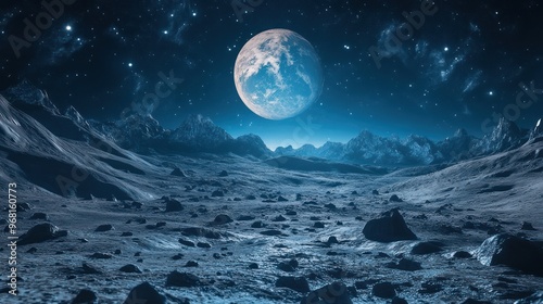 A Futuristic Moon Landscape with Stars and a Large Moon