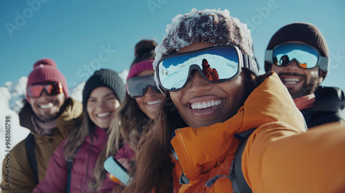 group of multiracial people wearing ski equipment takes a selfie together. Group of friends during ski holiday taking a selfie. Togetherness, happy people. Different ethnic background. Diversity theme