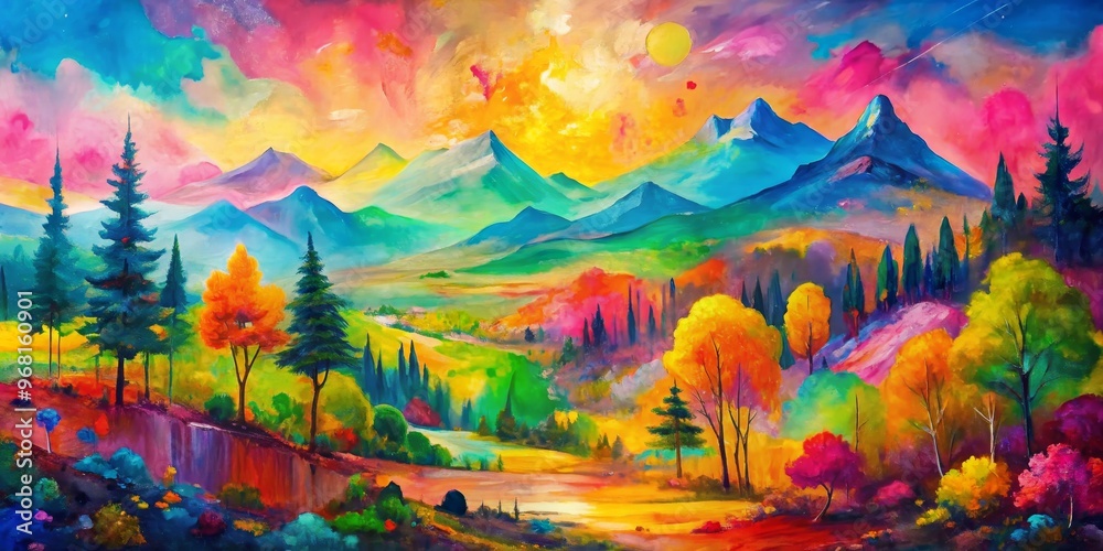 Vibrant Mountain Landscape Oil Painting with Colorful Sky, Sun, and Trees, oil painting, landscape art, mountain art Vibrant Mountain Landscape Oil Painting with Colorful Sky, Sun, and Trees, oil painting, landscape art, mountain art