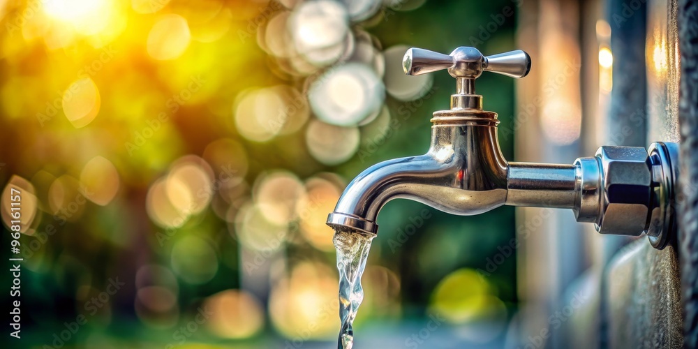 Water Flowing from a Silver Faucet, Close-up, Shiny Surface, Water Droplets, Nature, Water Conservation, Faucet Water Flowing from a Silver Faucet, Close-up, Shiny Surface, Water Droplets, Nature, Water Conservation, Faucet