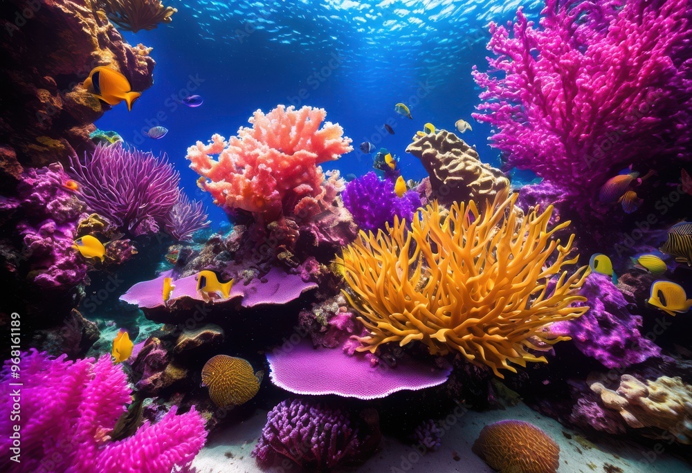 Obraz premium vibrant underwater ecosystem showcasing diverse marine life colorful aquatic plants lively ocean environment, corals, fishes, diversity, habitat, species