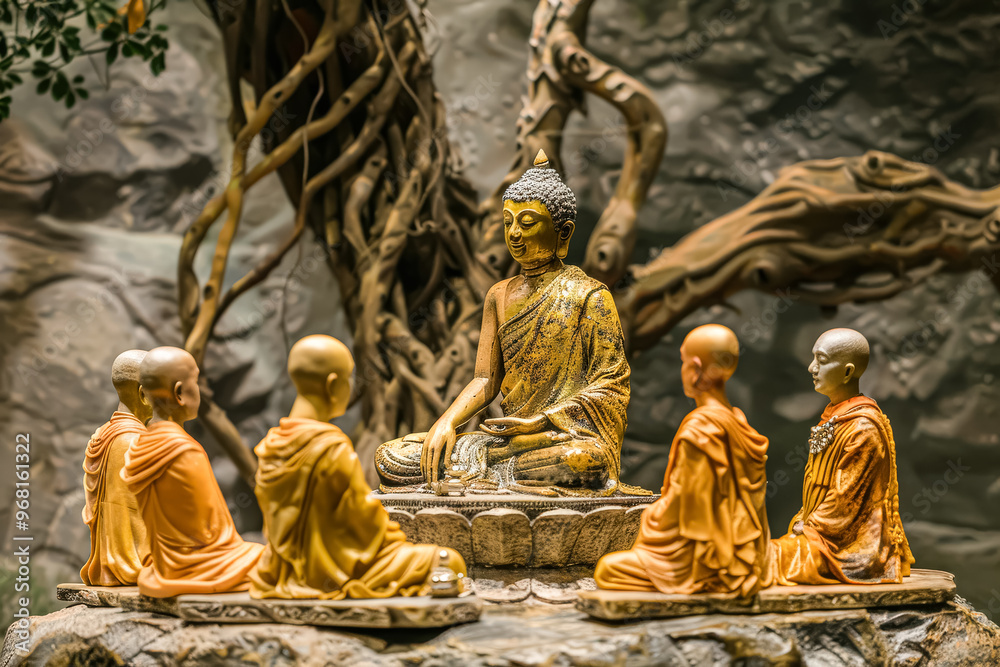 A group of statues of monks sitting around a small pond A group of statues of monks sitting around a small pond