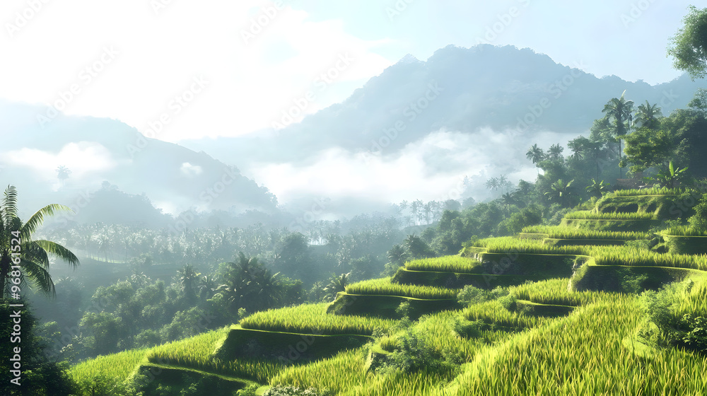Fototapeta premium High-Definition Image of a Lush Rice Terrace with Bright Green Rice Plants Growing on Stepped Levels Against Mist-Covered Mountains