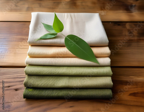 A close-up of sustainable fabric swatches like organic cotton, linen, and bamboo, laid out o photo