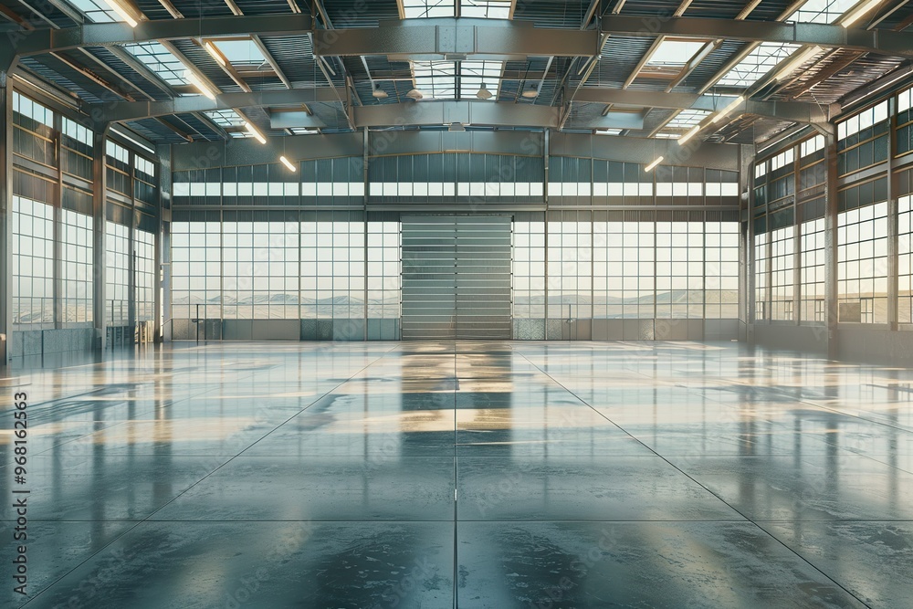 A large, empty warehouse with a view of the city, A large, empty warehouse with a view of the city,