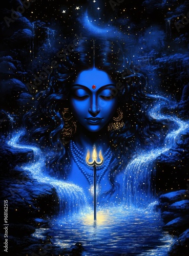 blue illustration of a parvati goddess with trident