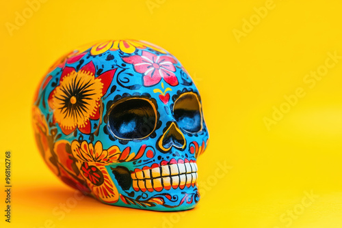 Blue painted skull with colorful floral decorations celebrating the day of the dead festivity on a yellow background