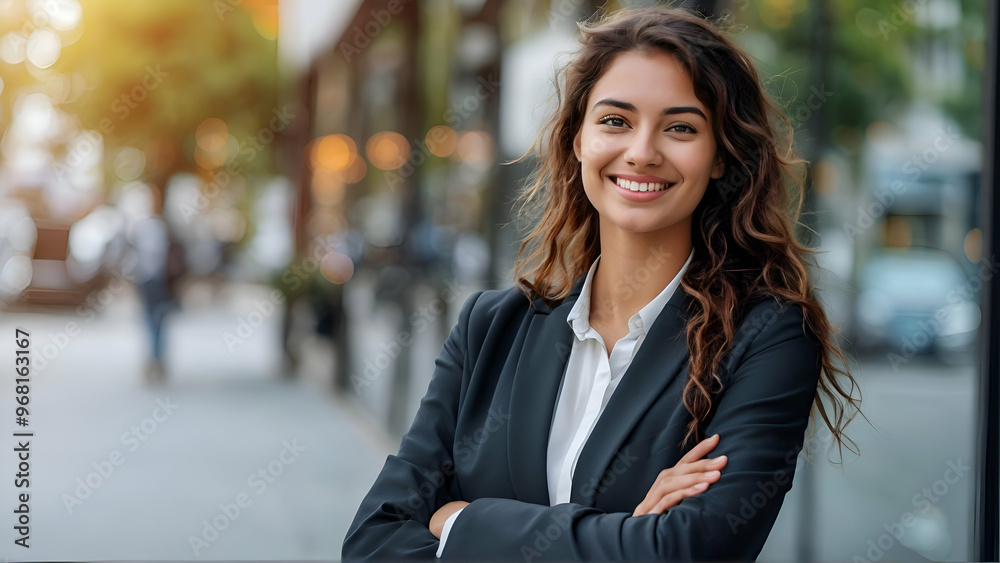 Young happy pretty smiling professional business woman, happy confident positive female entrepreneur standing outdoor on street arms crossed Young happy pretty smiling professional business woman, happy confident positive female entrepreneur standing outdoor on street arms crossed